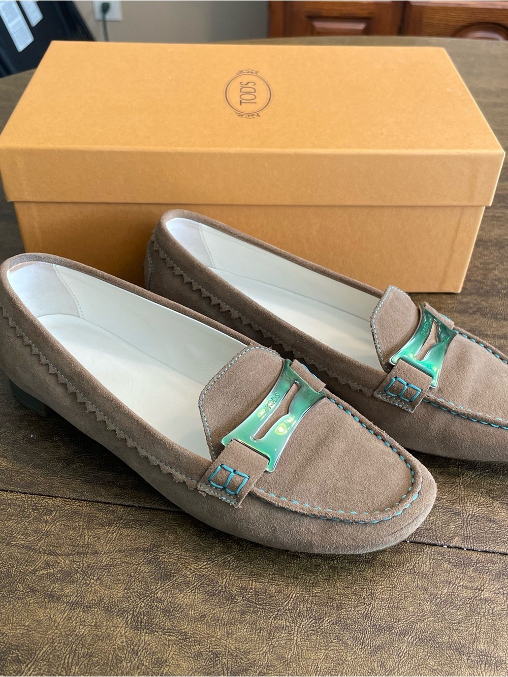 Tod's Taupe Suede Loafers with Green Accent Hardware